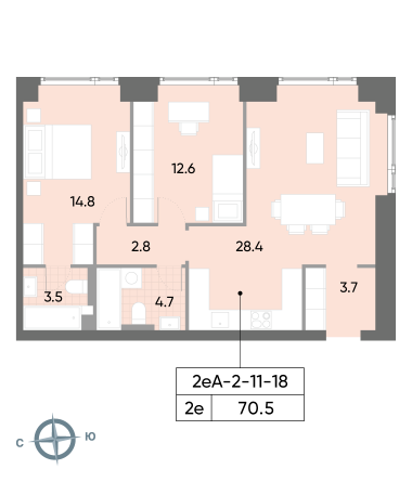 2 комн. квартира, 70.5 м², 16 этаж 