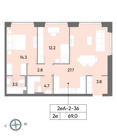 2 комн. квартира, 69 м², 36 этаж 