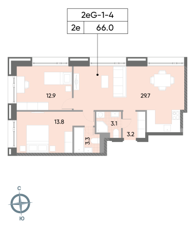 2 комн. квартира, 66 м², 4 этаж 