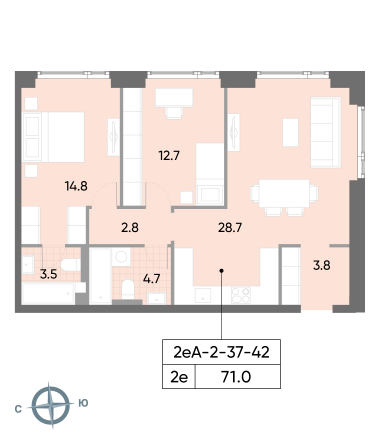 2 комн. квартира, 71 м², 40 этаж 