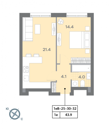 1 комн. квартира, 43.7 м², 31 этаж 