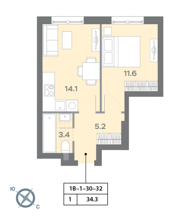 1 комн. квартира, 34.3 м², 32 этаж 