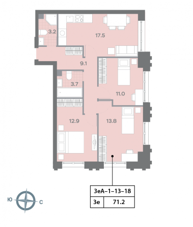 3 комн. квартира, 71.4 м², 15 этаж 