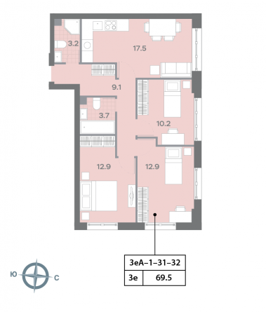 3 комн. квартира, 69.8 м², 32 этаж 