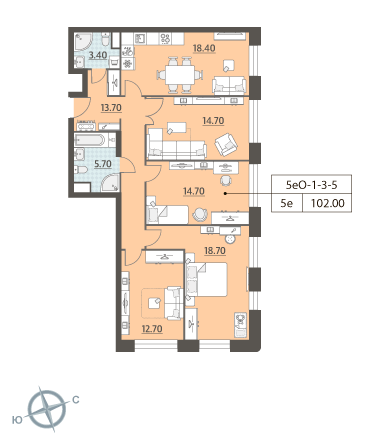 4 комн. квартира, 101.8 м², 5 этаж 