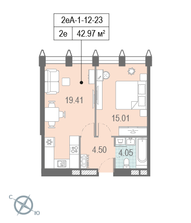 1 комн. квартира, 43.6 м², 14 этаж 