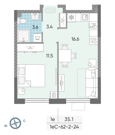 1 комн. квартира, 35.1 м², 24 этаж 