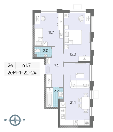 2 комн. квартира, 61.8 м², 24 этаж 