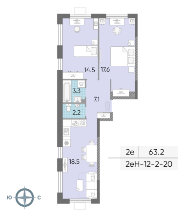 2 комн. квартира, 63.2 м², 13 этаж 