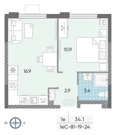1 комн. квартира, 34.1 м², 24 этаж 