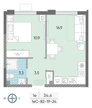 1 комн. квартира, 34.6 м², 19 этаж 