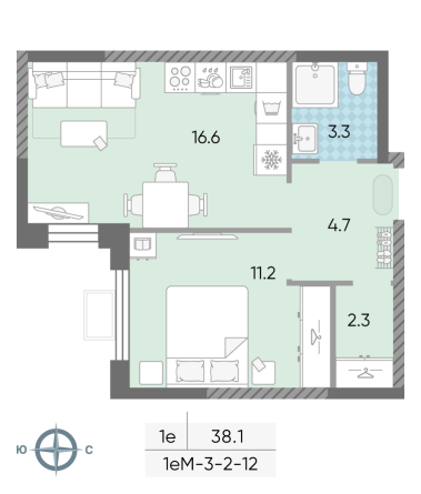 1 комн. квартира, 38.1 м², 6 этаж 