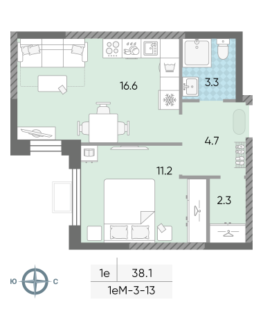 1 комн. квартира, 38.1 м², 13 этаж 