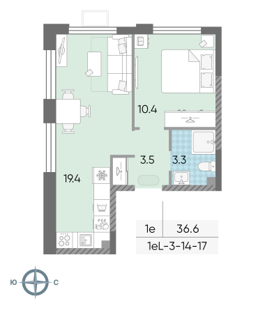 1 комн. квартира, 36.6 м², 17 этаж 