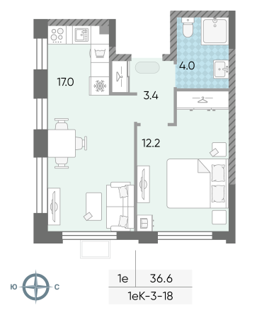 1 комн. квартира, 36.6 м², 18 этаж 