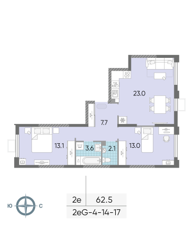 2 комн. квартира, 62.5 м², 16 этаж 