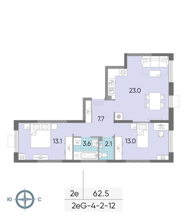 2 комн. квартира, 62.5 м², 2 этаж 