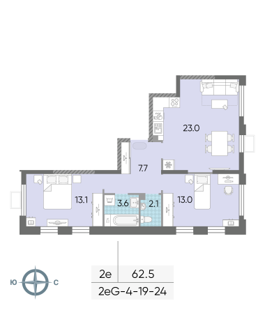 2 комн. квартира, 62.5 м², 22 этаж 