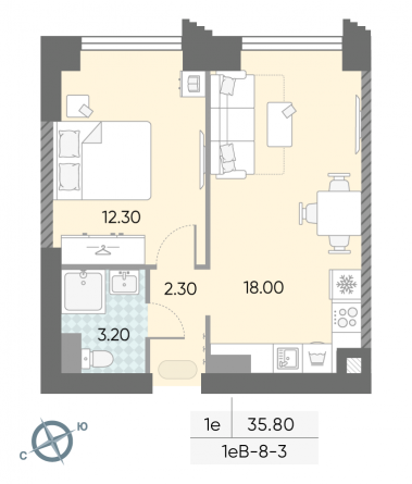 1 комн. квартира, 35.8 м², 3 этаж 