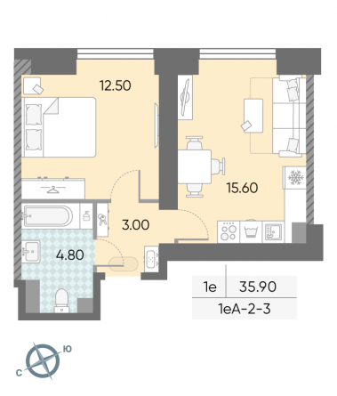 1 комн. квартира, 35.9 м², 3 этаж 