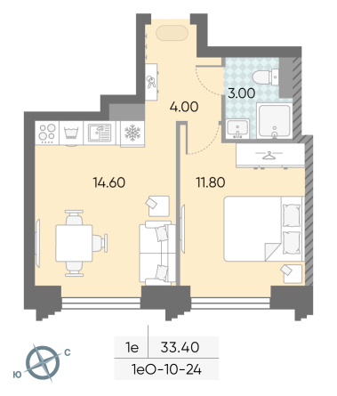 1 комн. квартира, 33.4 м², 24 этаж 