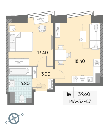 1 комн. квартира, 39.6 м², 47 этаж 