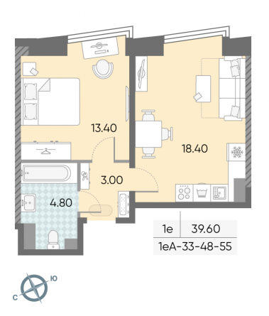 1 комн. квартира, 39.6 м², 48 этаж 