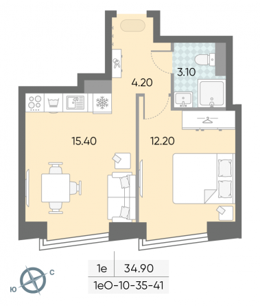 1 комн. квартира, 34.9 м², 38 этаж 