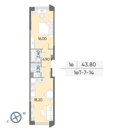 1 комн. квартира, 43.8 м², 14 этаж 