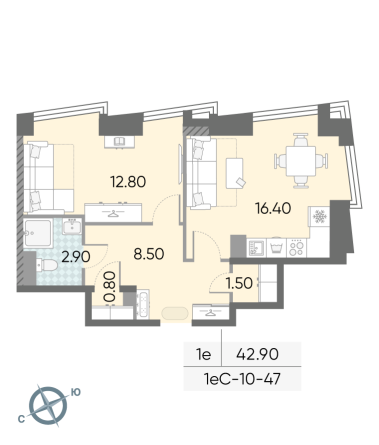 1 комн. квартира, 42.9 м², 47 этаж 