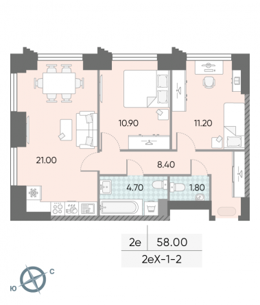 2 комн. квартира, 58 м², 2 этаж 