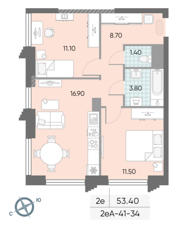2 комн. квартира, 53.4 м², 34 этаж 