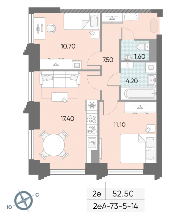 2 комн. квартира, 52.5 м², 12 этаж 