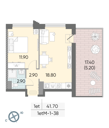 1 комн. квартира, 41.7 м², 38 этаж 