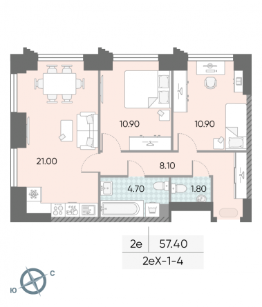 2 комн. квартира, 57.4 м², 4 этаж 
