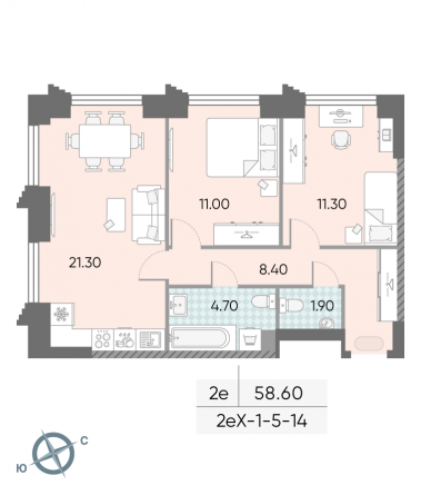 2 комн. квартира, 58.6 м², 5 этаж 