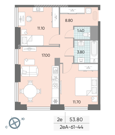 2 комн. квартира, 53.8 м², 44 этаж 