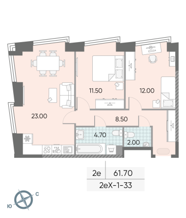 2 комн. квартира, 61.7 м², 33 этаж 