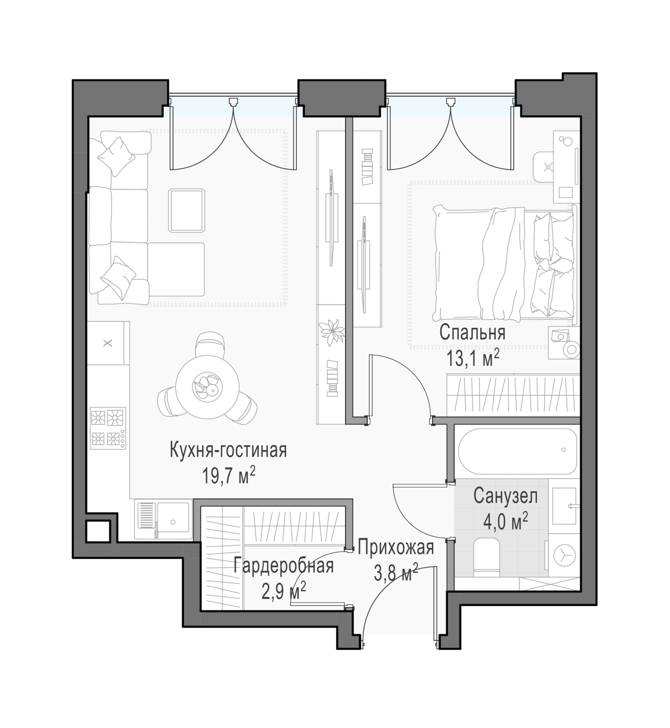 1 комн. квартира, 44.3 м², 23 этаж 