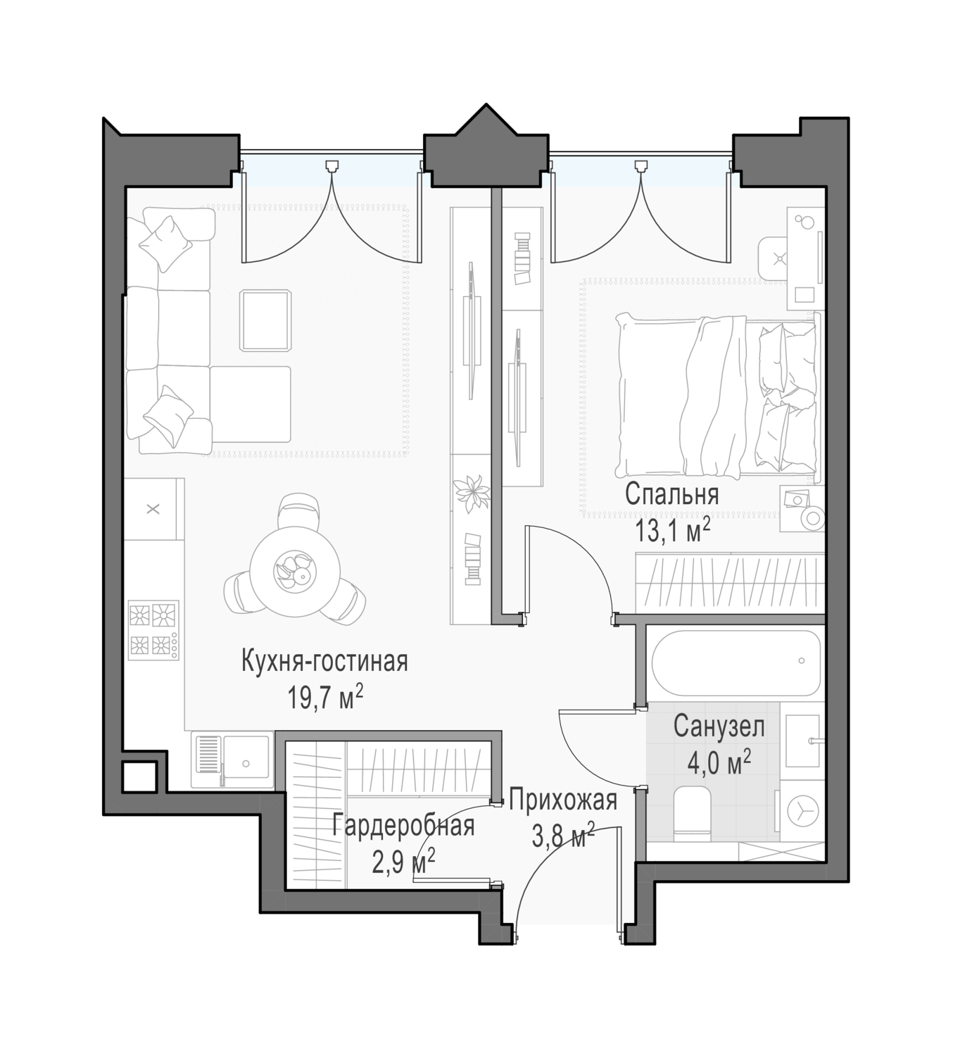 1 комн. квартира, 44.3 м², 24 этаж 