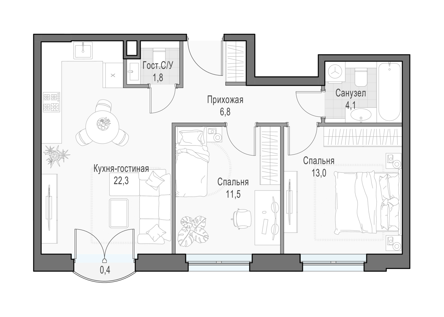 2 комн. квартира, 60.1 м², 15 этаж 