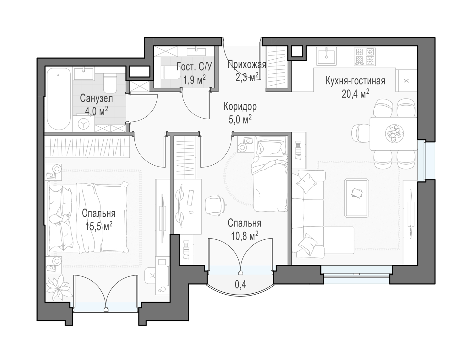 2 комн. квартира, 60.7 м², 16 этаж 