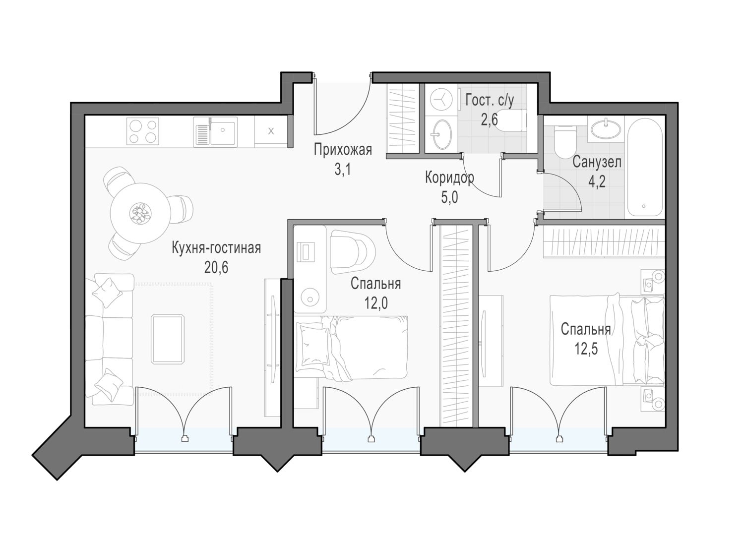2 комн. квартира, 61.2 м², 23 этаж 