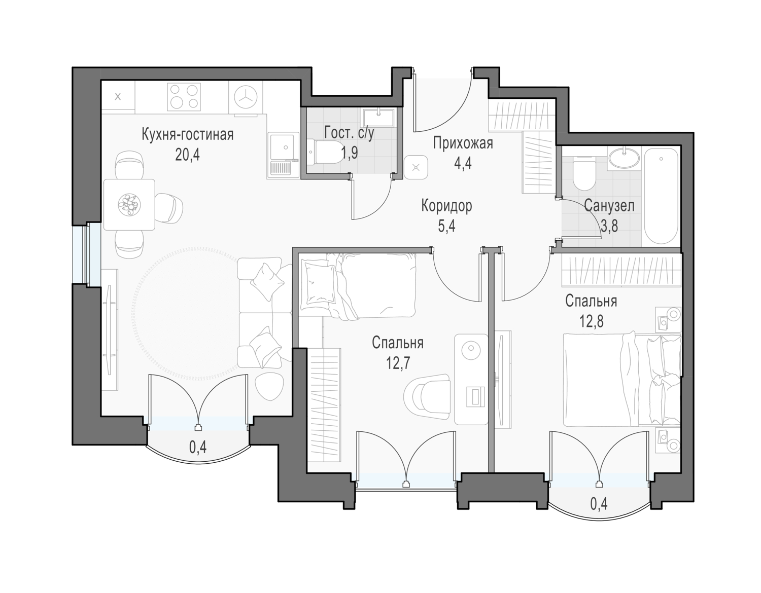 2 комн. квартира, 62.5 м², 16 этаж 