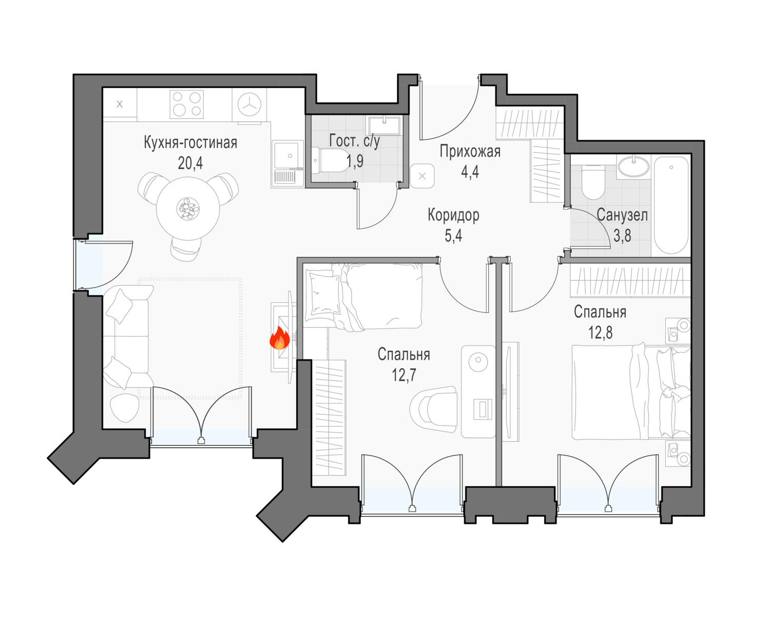 2 комн. квартира, 62.9 м², 24 этаж 