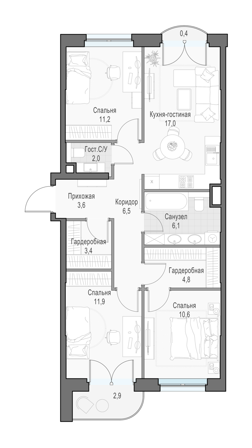 3 комн. квартира, 78.9 м², 13 этаж 