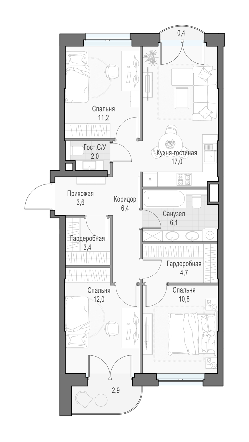 3 комн. квартира, 78.9 м², 15 этаж 