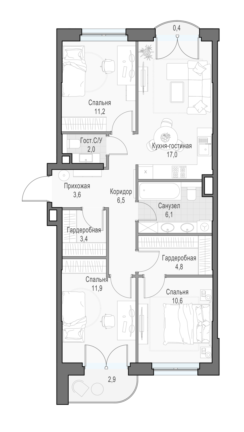 3 комн. квартира, 78.9 м², 11 этаж 