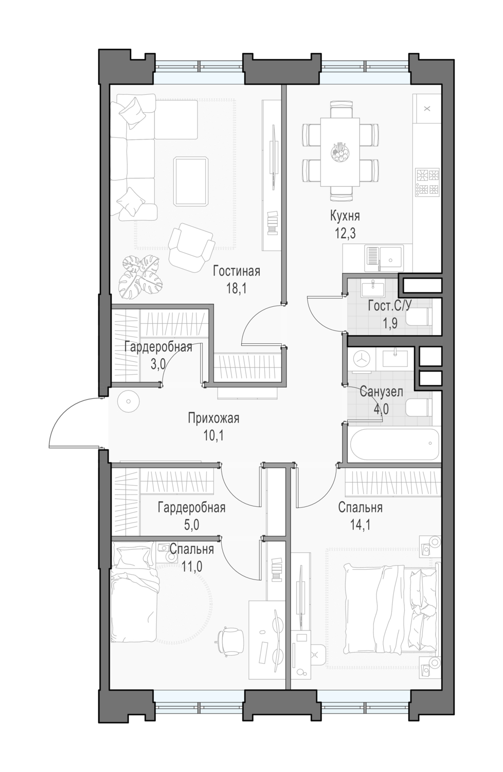 3 комн. квартира, 79.6 м², 2 этаж 