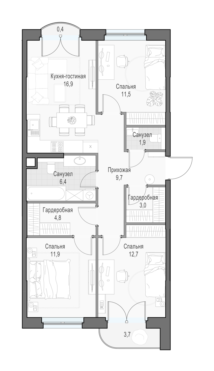 3 комн. квартира, 80.3 м², 9 этаж 